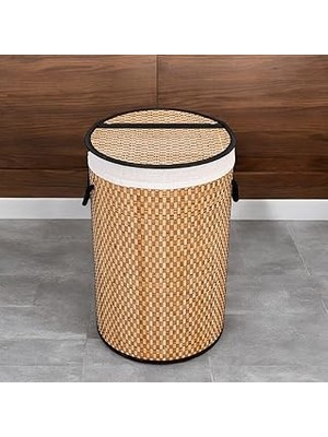 Nacario Deconox El Yapımı Hasır Katlanır Çamaşır Sepeti Yuvarlak 55 Litre (35CM*35CM*61CM), Doğal Malzemede