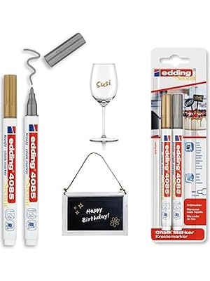 Nacario Edding 4085 Tebeşir Kalemi - Altın, Gümüş - 2 Tebeşir Kalemi - 1-2 mm Yuvarlak Uçlu