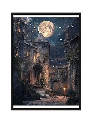 Nacario Zestia Siyah Çerçeveli Tablo, Ortaçağ Şehir Sokakları, Ay Işığı Büyülü Atmosfer Poster No: 10732