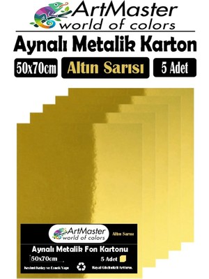 Mikasso Altın Sarı Renkli 50X70 Metalik Aynalı Fon Kartonu 5 Adet 1 Paket Metalik Aynalı Fon Karto Altın Sar