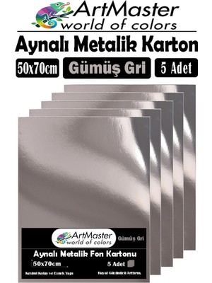 Mikasso Gümüş Gri Renkli 50X70 Metalik Aynalı Fon Kartonu 5 Adet 1 Paket Metalik Aynalı Fon Karton Gümüş Gri