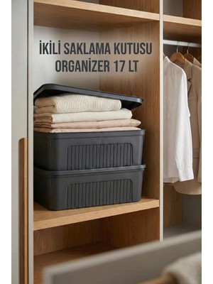 Aslanoğlu Store Füme 2'li 17 Lt Ünit Saklama Kutusu & Çok Amaçlı Ev ve Gardırop Düzenleyici Organizer