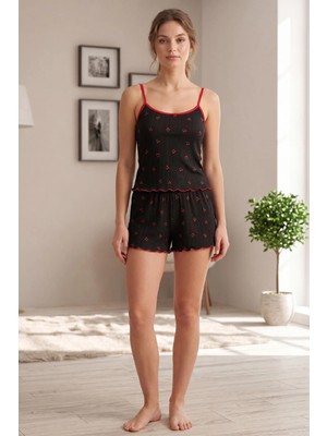 Mckanzie 3403 Kiraz Desenli İp Askılı Şortlu Göğsü Kaplı Pijama Takımı