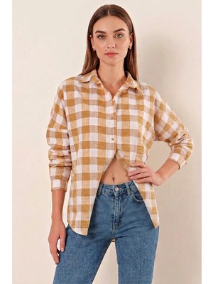 Kadın Kareli Desen Basic Oversize Pamuklu Vizon Gömlek