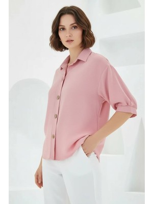 Kadın Oversize Kesim Kısa Kol Keten Pembe Gömlek