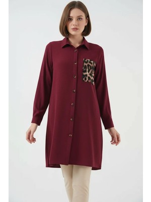 Kadın Gömlek Yaka Leopar Desenli Cep Bordo Tunik