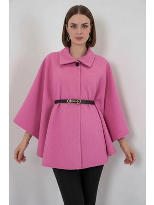 Kadın Gömlek Yaka Kuşaklı Kemerli Pamuklu Pembe Panço