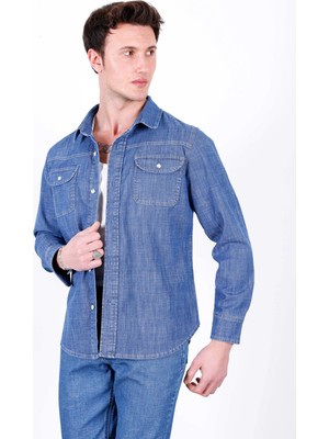 Hlt Jeans Erkek Açık Mavi Likralı Denim Regular Kalıp Düğmeli Kot Gömlek JOHN-3020