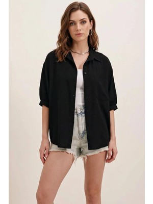 Kadın Kısa Kol Basic Oversize Pamuklu Siyah Gömlek