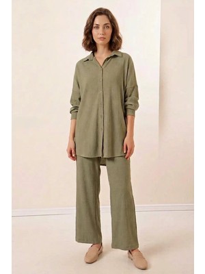 Kadın Gömlek Yaka Oversize Çağla Yeşili Ikili Takım