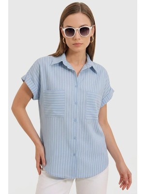 Kadın Oversize Kısa Kol Çizgili Viskon Mavi Gömlek