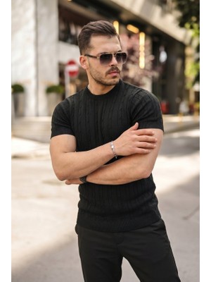 Veraura Lifestyle Erkek Örgü Desen Bisiklet Yaka Triko Tişört - %100 Pamuk Akrilik