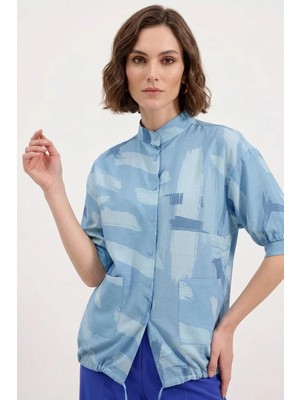 Kadın Oversize Desenli Viskon Mavi Gömlek