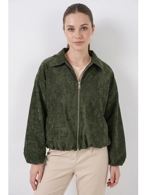 Kadın Gömlek Yaka Büzgülü Oversize Kadife Haki Ceket