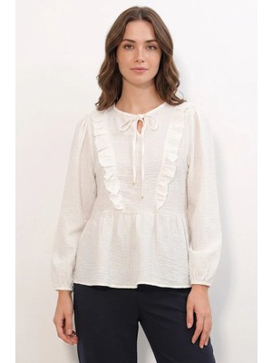 Kadın Yuvarlak Yaka Fırfırlı Bağcıklı Beyaz Bluz