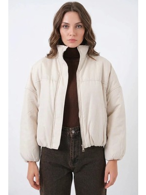 Kadın Yüksek Yaka Oversize Bomber Ekru Mont