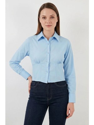 Kadın Beli Büzgülü Pamuklu Mavi Gömlek