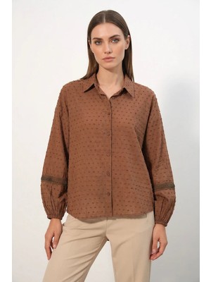 Kadın Oversize Fisto Desenli Taba Gömlek