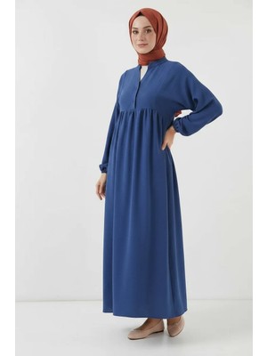 Kadın Yuvarlak Yaka Beli Büzgülü Uzun Kol Indigo Tesettür Elbise