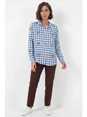 Kadın Oversize Çiçek Desenli Viskon Mavi Gömlek