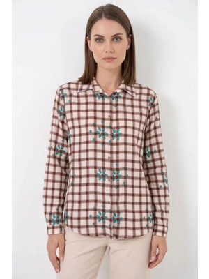 Kadın Oversize Çiçek Desenli Viskon Kahverengi Gömlek