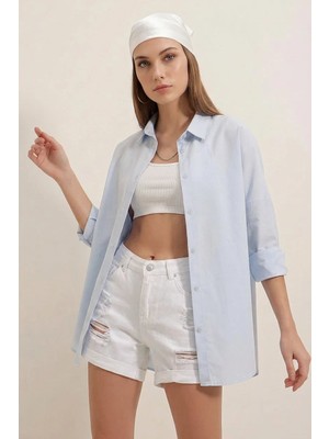 Kadın Oversize Basic Pamuklu Açık Mavi Gömlek