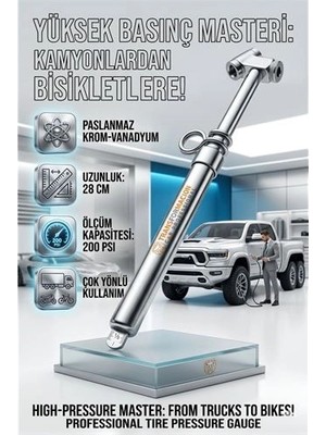 Renas Store 200 Psi Profesyonel Metal Kalem Tipi Lastik Basınç Ölçer - Kamyon ve Otobüs Uyumlu 723154