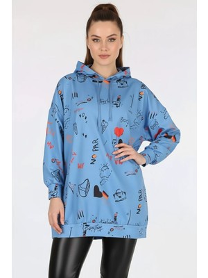 Kadın Sıfır Yaka Oversize Kapüşonlu Grafik Desenli Pamuklu Indigo Sweatshirt