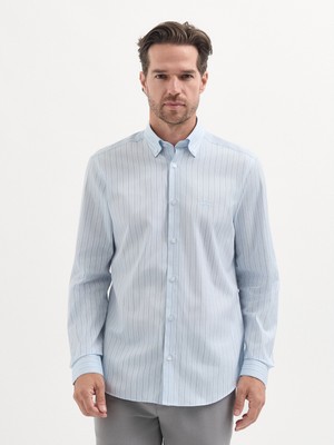 Karaca Mavi %100 Pamuk Çizgi Desenli Slim Fit Gömlek