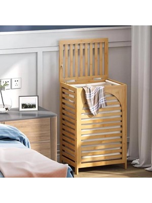Renas Store Kalin Ahşap Bambu Ki̇rli̇ Çamaşir Sepeti̇ Kumaş Çantali SEPET=43X33X67CM (5528)