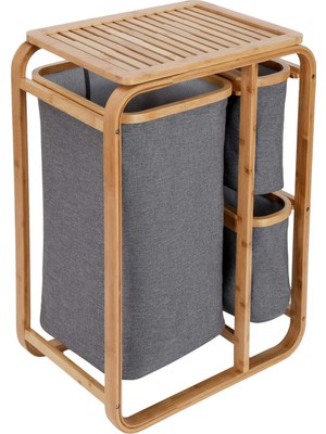 Renas Store Ki̇rli̇ Çamaşir Sepeti̇ Ahşap - Bambu 3 Organi̇zer Bölmeli̇ Kumaş Çantali 50X30X70CM (5528)