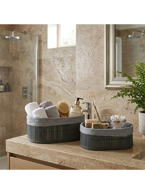 Renas Store Gri̇ 2 Boy Oval Bambu Kenar Organi̇zer Sepet Ahşap Altlik - Bezli̇ 21X14-25X16CM (5528)