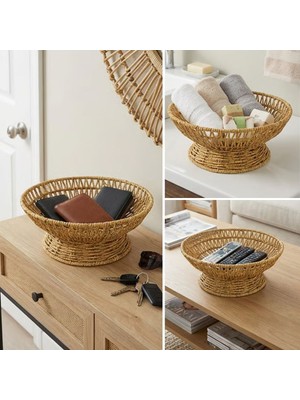 Renas Store 25 cm Plastik Rattan Servis Çanağı – Doğal Hasır Görünümlü Dekoratif Meyve, Ekmek ve Sunum Kasesi (