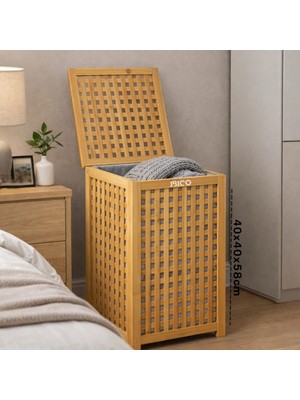 Renas Store Kalin Ahşap Bambu Ki̇rli̇ Çamaşir Sepeti̇ Kumaş Çantali SEPET=40X40X58CM (5528)