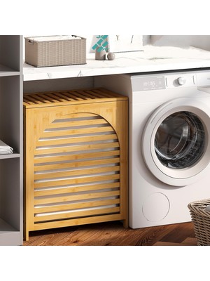 Renas Store Kalin Ahşap Bambu Ki̇rli̇ Çamaşir Sepeti̇ Kumaş Çantali SEPET=43X33X67CM (5528)