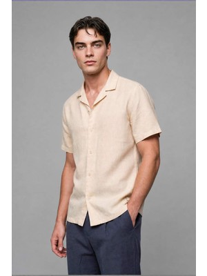 DeFacto Regular Fit Polo Yaka Keten Karışımlı Kısa Kollu Kum Beji Gömlek I0292AX26HS