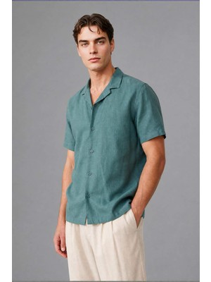 DeFacto Regular Fit Polo Yaka Keten Karışımlı Kısa Kollu Yeşil Gömlek I0292AX26HS