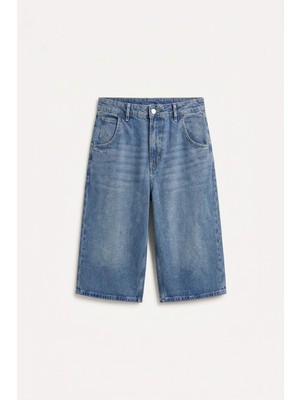 DeFacto %100 Pamuk Süper Baggy Fit Mavi Bermuda Jean Şort I3952AX26HS