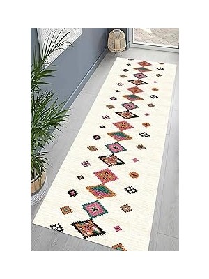 Nacario Pelangi Kilim Desenli Etnik Dijital Baskı Yıkanabilir Kaymaz Taban Salon Halı Yolluk, Bej