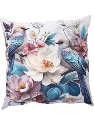 Nacario Içi Dolu Krep Örgü Üzerine Dijital Baskılı Kırlent 45X43 cm | Çiçekli Kuş Desenli Dekoratif Yastık