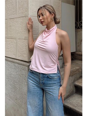 Swist Pembe Tokalı Sırt Dekolteli Degaje Yaka Kadın Sandy Crop Bluz