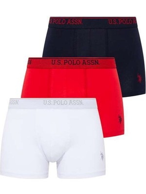 U.S. Polo Assn. 80097  Erkek Kırmızı-Lacivert-Beyaz 3'lü Boxer Seti Esnek Bel Bandı ile Konforlu