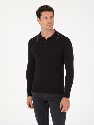 Cacharel Erkek Siyah Slim Fit Pamuk Karışımlı Polo Yaka Triko Kazak 50318712-VR046