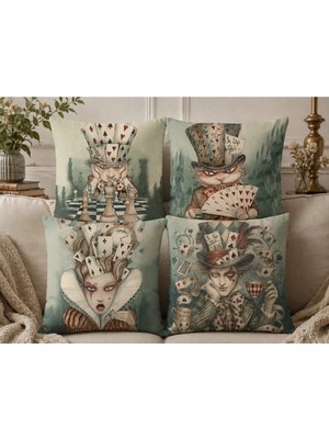 Sister Home Design Alice Harikalar Diyarı Konsept 4’lü Dekoratif Kırlent Kılıfı Seti | Vintage Wonderland Tasarım Dijital Baskı Bohem Koltuk Yastık Kılıfı 43X43 cm
