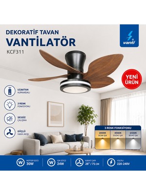 Vanti KCF311 30W Kumandalı LED Işıklı Dekoratif Tavan Vantilatörü 5 Kanatlı Ahşap Görünümlü Sessiz Fan 28\'\'