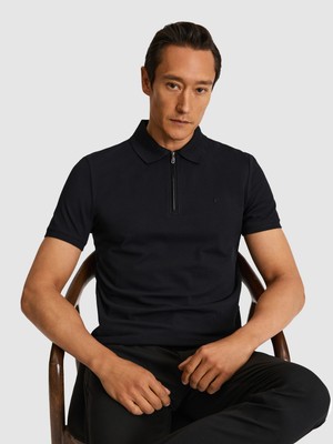 Cacharel Erkek Siyah Slim Fit Fermuarlı Polo Yaka Saf Pamuk T-Shirt 50332271-VR046