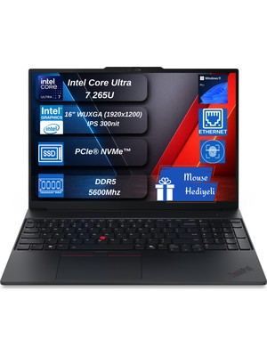 Lenovo Thinkpad E16 Gen 3 Intel Core Ultra 7 265U 16GB Ddr5 512GB SSD Windows 11 Pro Intel Aı Boost 16 Inç Wuxga (1920 x 1200) IPS 300NITS Taşınabilir Bilgisayar W21SR0076TXPCB01