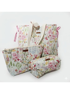 elisss bag 3'lü Set Kadın Çanta Plaj Çantası Düzenleyici Makyaj Çantası Çiçek Desenli Beyaz Lunchbag %100 Pamuk