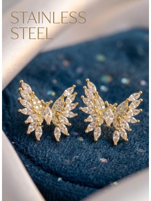 Stainless Steel Pirinç Gold Renk Zirkon Taşlı Kelebek Model Küpe