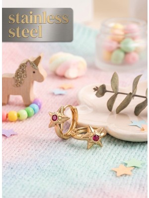 Stainless Steel Pirinç Zirkon Taşlı Yıldız Model Gold Renk Çocuk Küpe